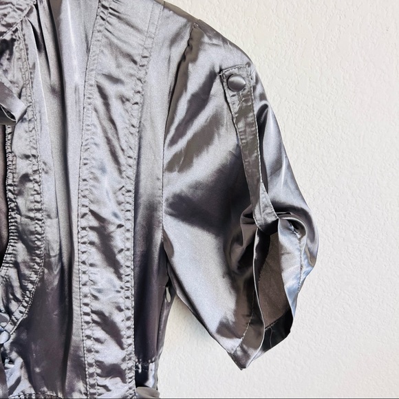 Y2K Silver Satin V-Neck Neck Tie Short Sleeve Bubble Mini Dress - Picture 10 of 16